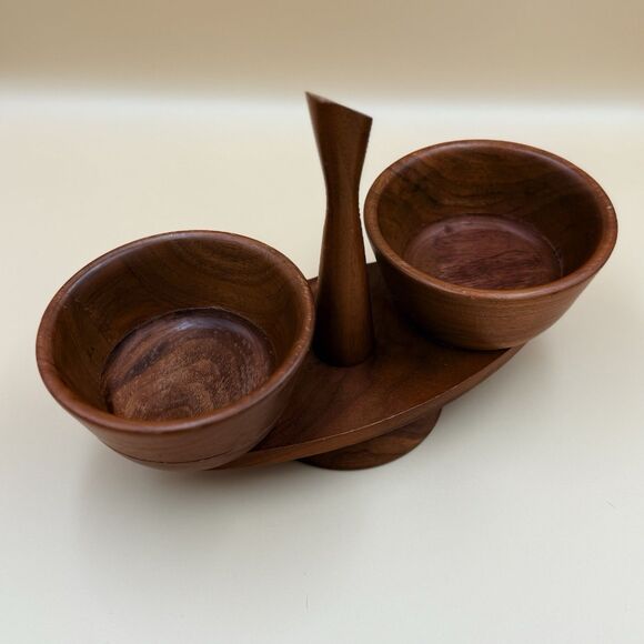 Vintage Kustom Kraft Solid Walnut Dip Set - MCM Snack Server USA - Picture 2 of 13